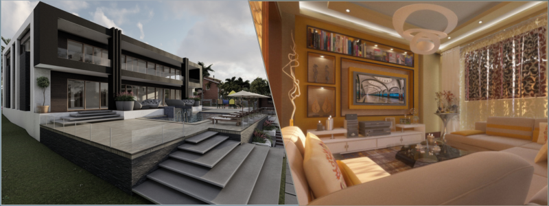3D rendering of a modern building and living room