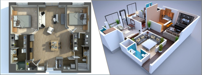 3d floor plan rendering examples with a top-down view and side view