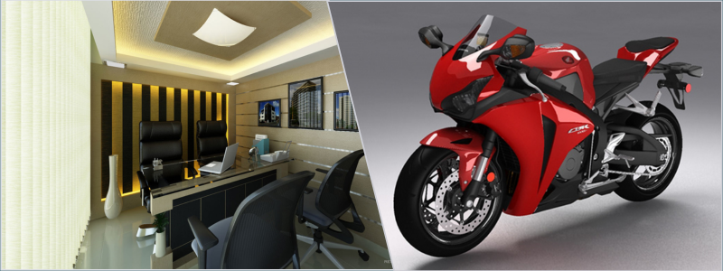 3d rendering of a high level office and a sports motorcycle