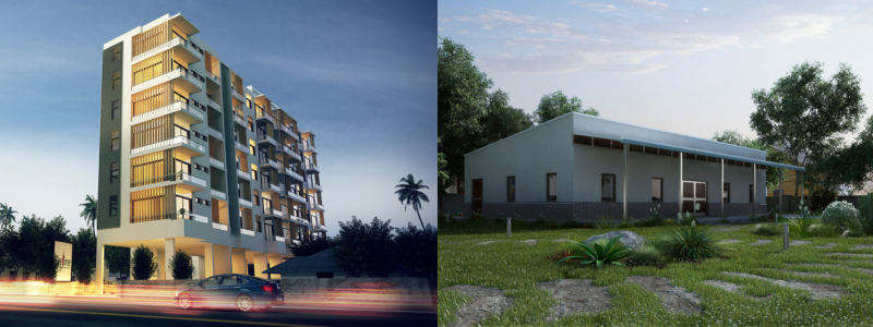 3d rendering of a residential building and school