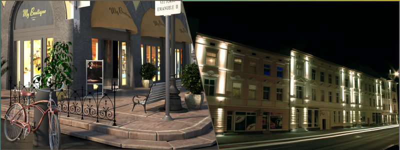 3d rendering of a storefront and streetview of a condo apartment
