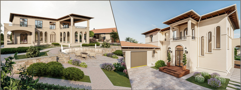 Villa rendering rendering with a large and small garden examples | Cad Crowd Villa rendering rendering with a large and small garden examples