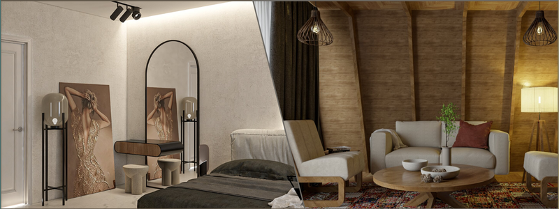 architectural visualization of a bedroom and cabin home