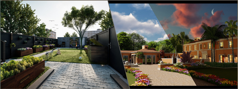 architectural visualization of a garden and lighting design