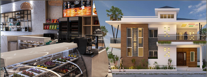 architectural visualization of a pastry cafe and bungalow home