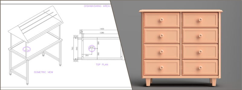 furniture shop drawing of a dishwashing area table and 3d rendering of a cabinet | Cad Crowd furniture shop drawing of a dishwashing area table and 3d rendering of a cabinet