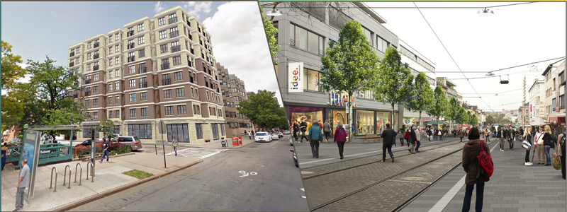 streetscape 3D rendering of a condo apartment and a street with rail tracks