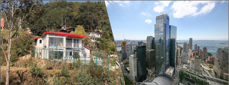 structural design and render of a hilltop home and high-rise building