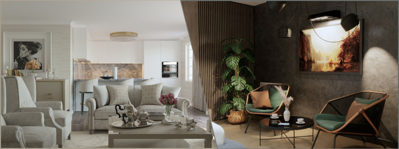 3D interior design examples of a living room and cafe from Cad Crowd design experts