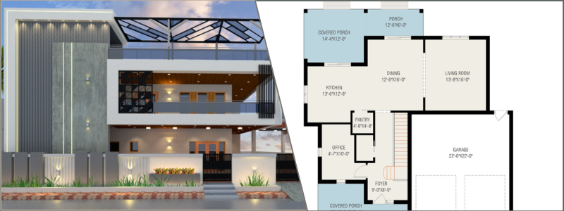 3D rendering of a luxury home and floor plan drawing by Cad Crowd design services