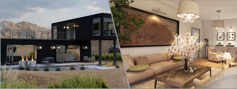 3d rendering of a townhouse resort and a living room example rendering