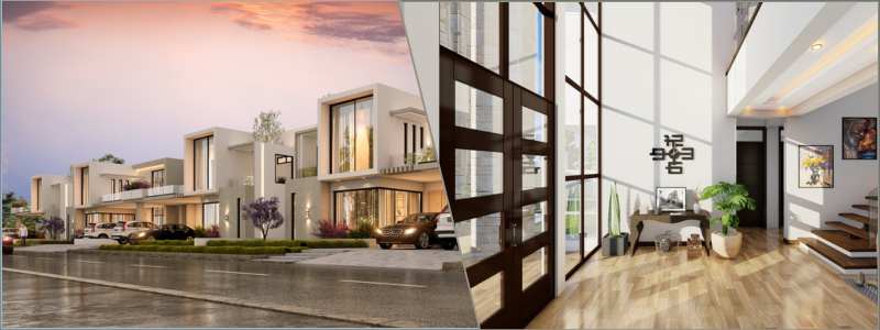 3d rendering of an apartment complex and interior design of an entrance hallway