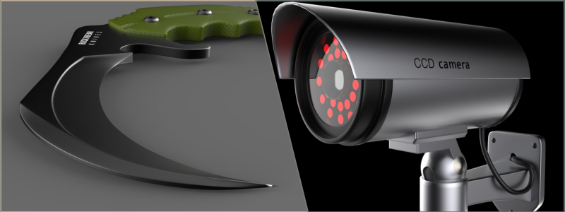 3d rendering of products including a karambit knife and cctv camera