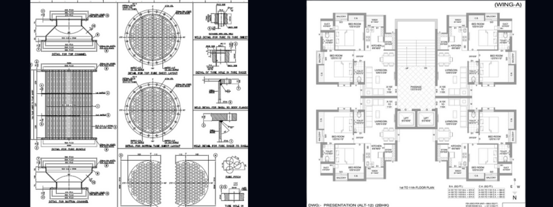 CAD drafting examples with calculations and floor plan