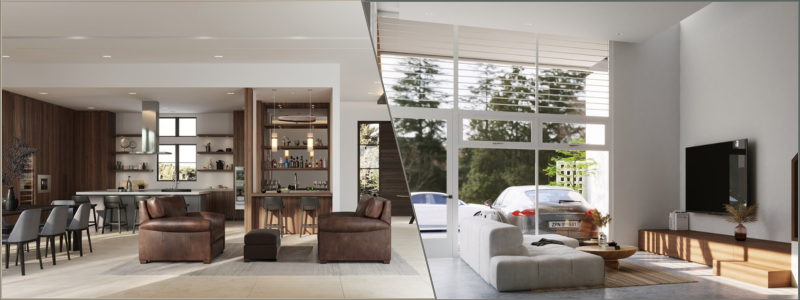 Pet-friendly kitchen and living room interior by Cad Crowd architectural design experts