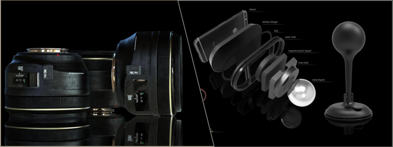Product design of camera lenses and wireless phone charger by Cad Crowd product development designers