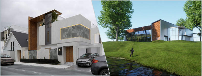 3D architectural structural rendering of a modern home and lakeside library by Cad Crowd design professionals | Cad Crowd 3D architectural structural rendering of a modern home and lakeside library by Cad Crowd design professionals