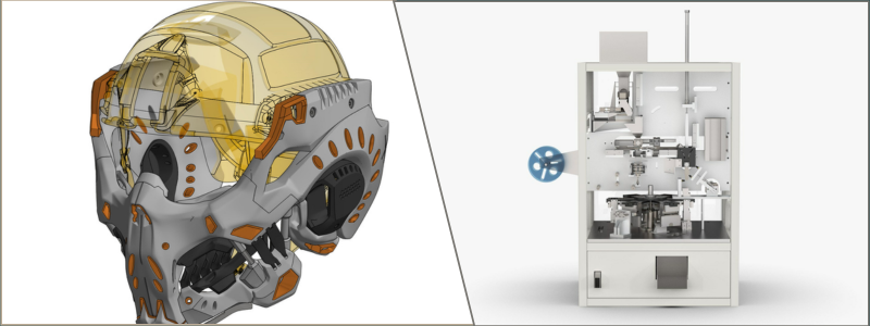 3D product rendering of an airsoft mask and tea bag automated packager by Cad Crowd product design engineers