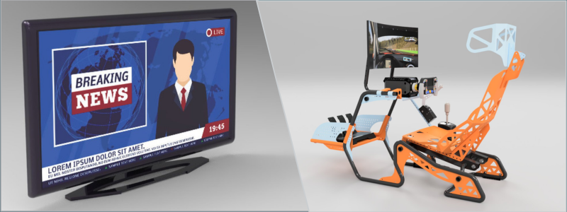 Product design rendering of a smart TV and SIM racing rig by Cad Crowd design professionals | Cad Crowd Product design rendering of a smart TV and SIM racing rig by Cad Crowd design professionals