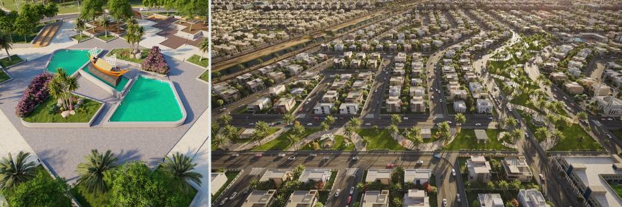 aerial rendering of a garden fountain and sculpture and suburban housing zone by Cad Crowd design experts