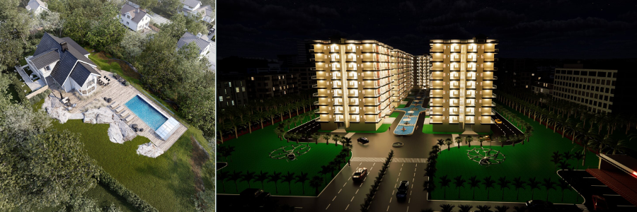 example of aerial rendering of a garden home and condominium by Cad Crowd experts