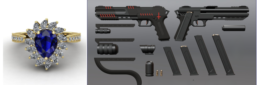 Product design of a bespoke jewelry piece and handgun by Cad Crowd product engineers