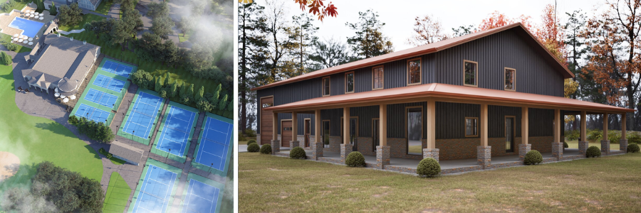 3D rendering examples of a tennis clubhouse and barndominum by Cad Crowd experts