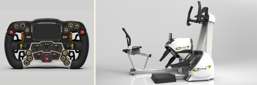 CATIA designs of a racing steering wheel and lateral raise machine by Cad Crowd product designers
