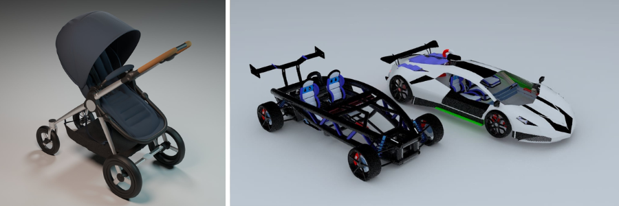 Cad Crowd product design of a stroller and RC cars by Cad Crowd design experts