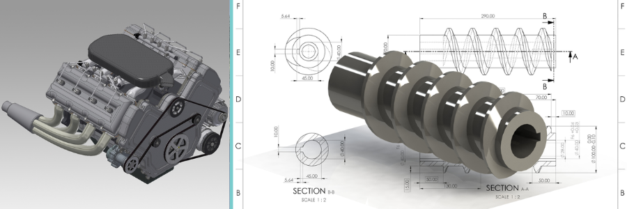 mechanical drafting of an engine and cylindrical part by Cad Crowd mechanical drawing experts
