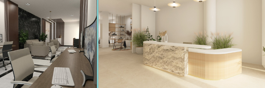 3D inbterior visualization of an office space and reception by Cad Crowd design experts