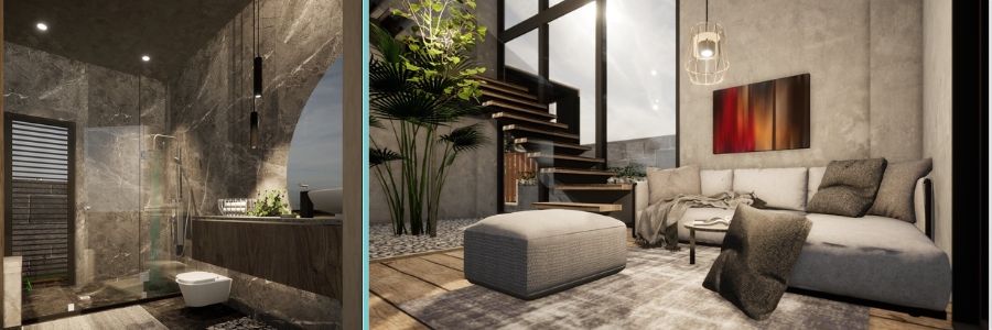 3D interior rendering and visualization of a bathroom and living room from luxury home design by Cad Crowd interior designers
