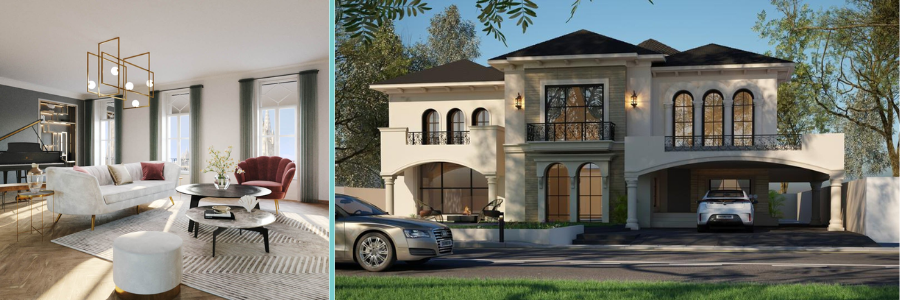 3D rendering of a luxury home living room and exterior by Cad Crowd architectural design freelancers | Cad Crowd 3D rendering of a luxury home living room and exterior by Cad Crowd architectural design freelancers