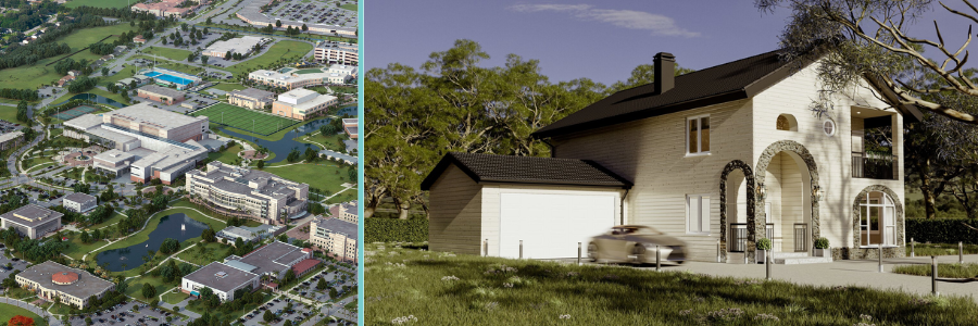 3D rendering of an architectural site landscape design and moody countryside home by Cad Crowd design experts