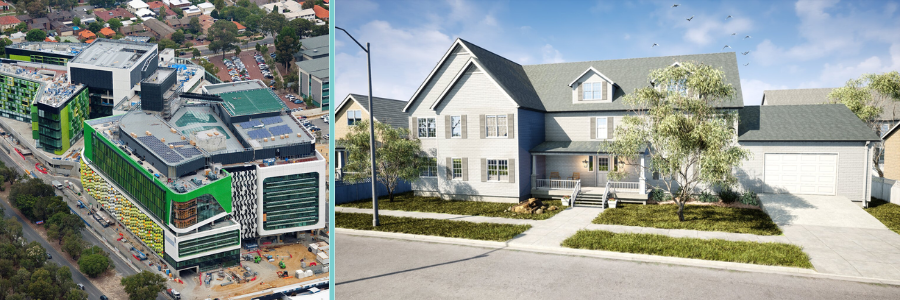 Architectural rendering of a mall and suburban home by Cad Crowd design experts