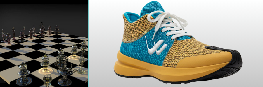 3D product rendering of a gothic chess piece and custom sneakers by Cad Crowd product rendering design experts