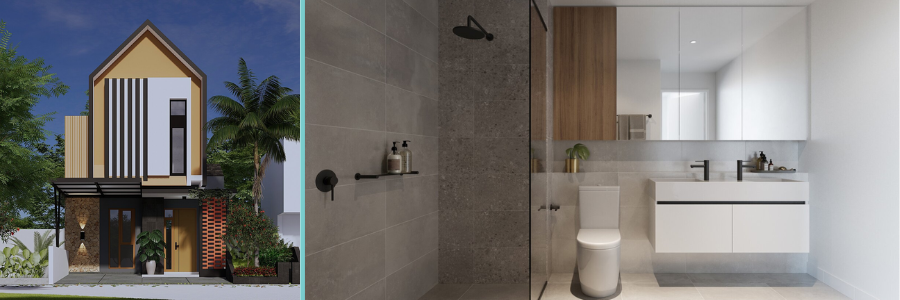 3D rendering and visualization of an A frame home and sleek bathroom design by Cad Crowd freelance visualization services