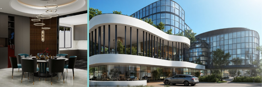 Real-time rendering of a modern home and shopping mall complex by Cad Crowd architectural design experts