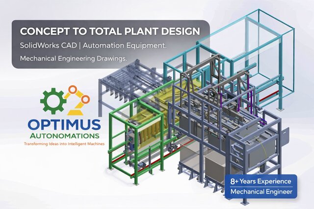I will design mechanical machines, industrial equipment, and CAD models in SolidWorks