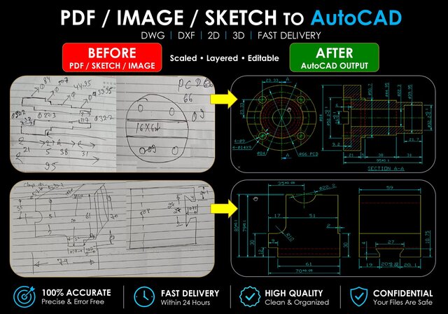 I will convert PDF, sketch or image into accurate AutoCAD DWG, DXF (CNC-ready drawing within 24 hrs)