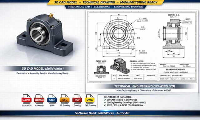 I will 2d engineering drawing mechanical drawing technical drawing in solidwork autocad