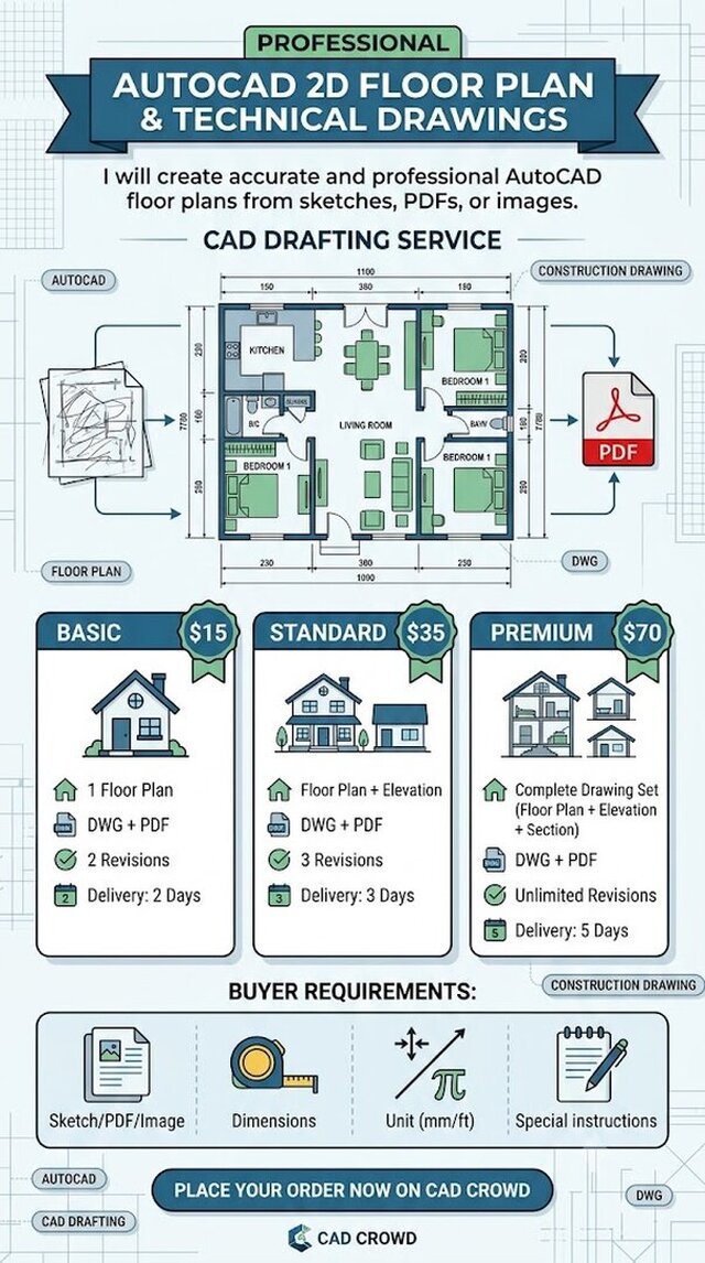 I offer professional AutoCAD 2D floor plans and technical drawings