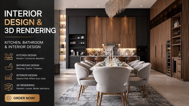 I will design a 3D rendering for your kitchen, bathroom, and interior design