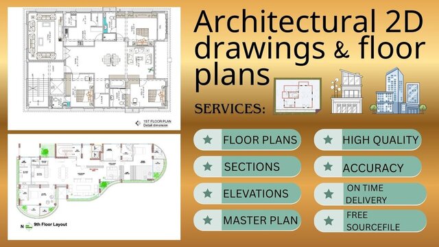 I will draw architectural drawing, floor plan, sections, elevations