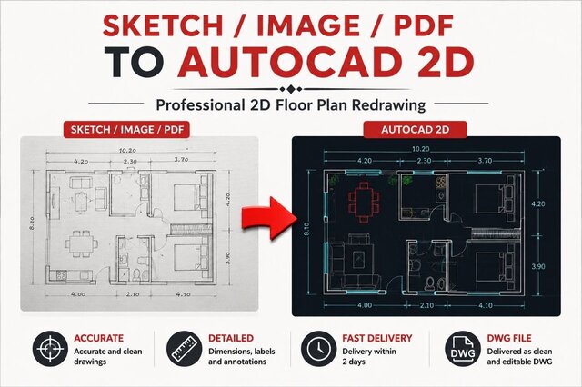 I will redraw your floor plan from PDF,image or sketch-to-AutoCAD 2D drawing