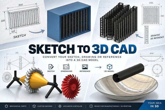 I will create a 3D CAD model from your sketch, dimensions or reference image 1
