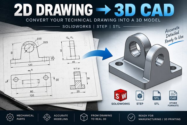 I will convert your 2D drawing into a 3D SolidWorks model