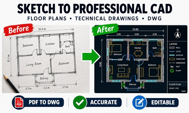 I will convert PDF, hand sketch to 2D & 3D modeling in AutoCAD & SketchUp image 1