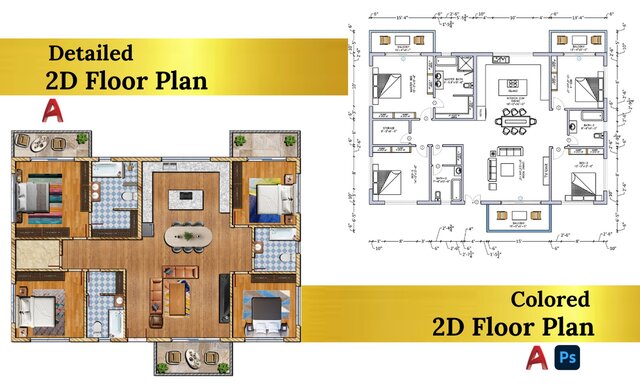I will create detailed and colored 2d floor plans with AutoCAD