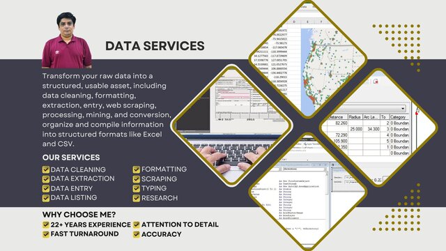 I will do data cleaning, formatting, extraction, listing, searching, text conversion, VA